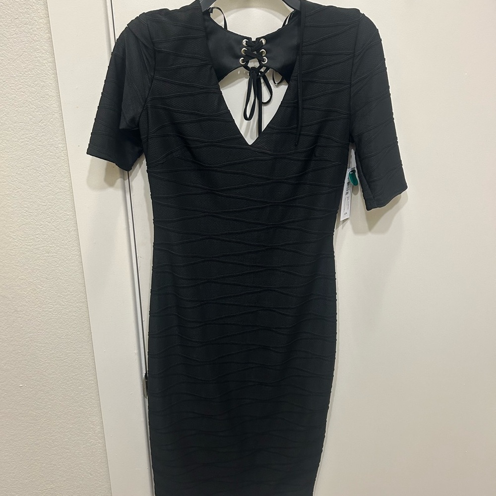 Premier Black Midi Dress with Lace-Up Detail
